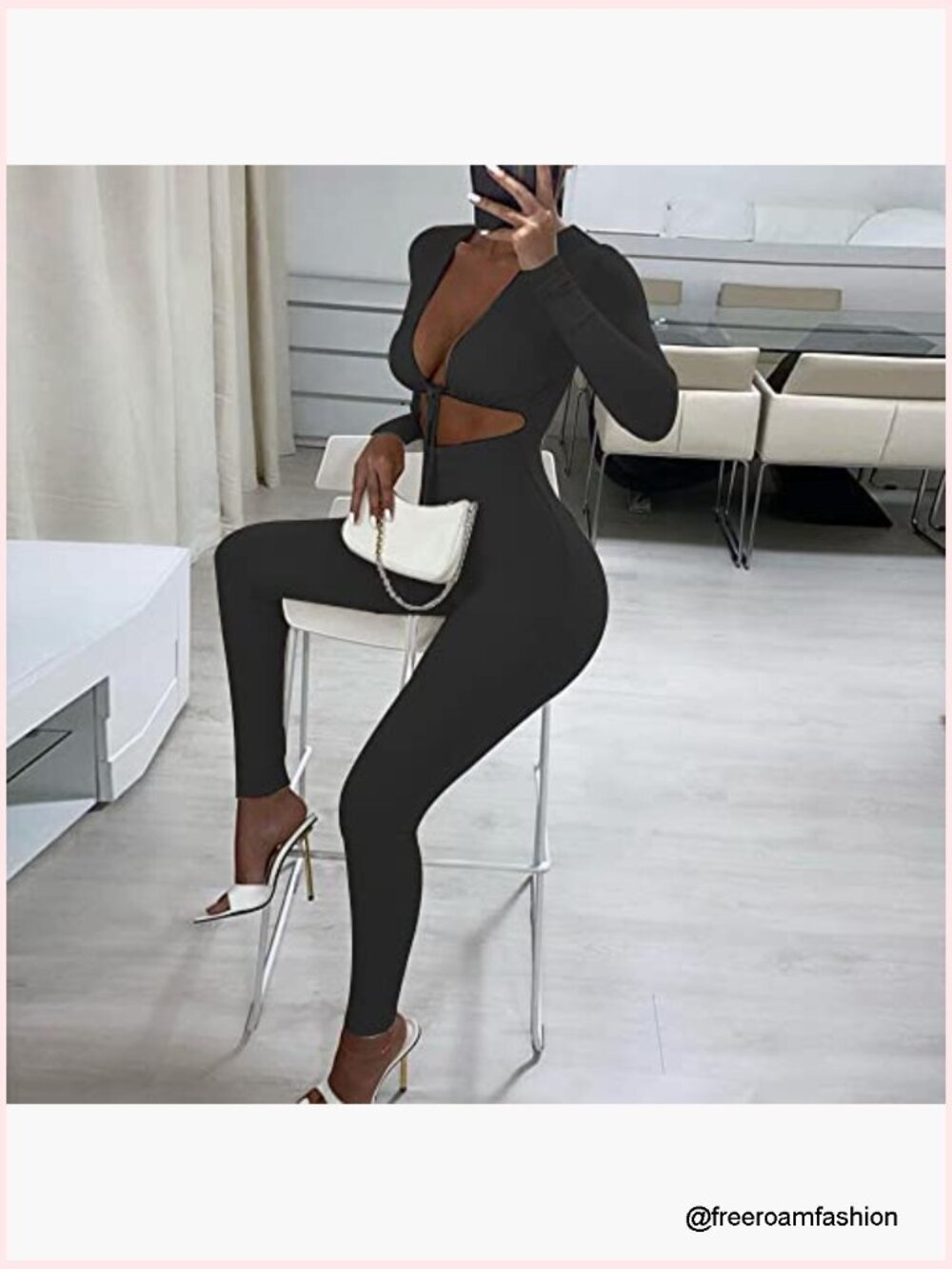 Women's Sexy Cut Out Bodycon Jumpsuit Lace Up Front V Neck One Piece Outfit - Picture 3 of 7